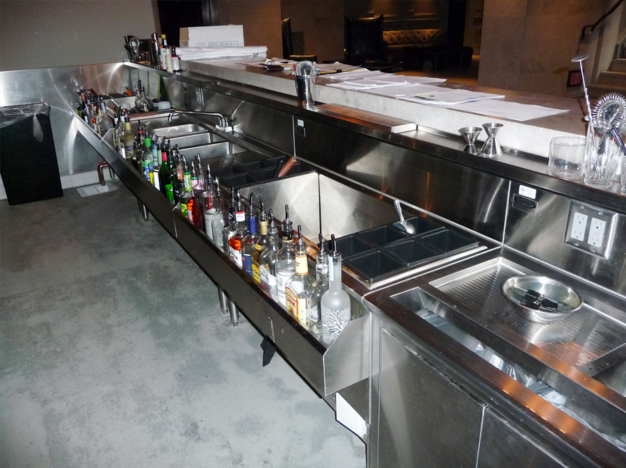 image of custom backbar equipment with ice bath, casino cocktail station, 3 compartment sink at crocker club los angeles