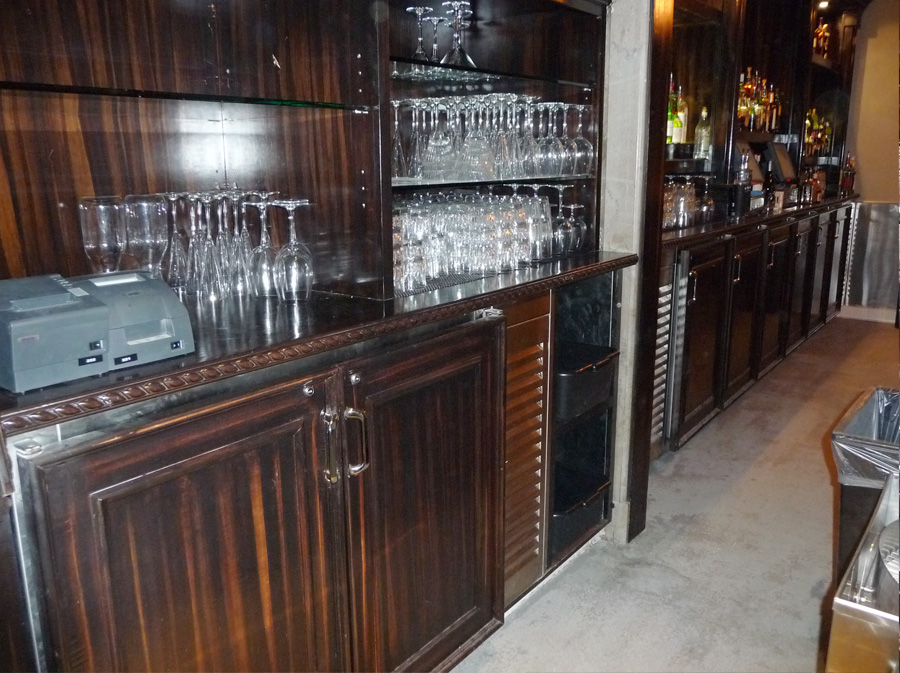 image showing custom backbar equipment with faux wood grain finish at crocker club los angeles