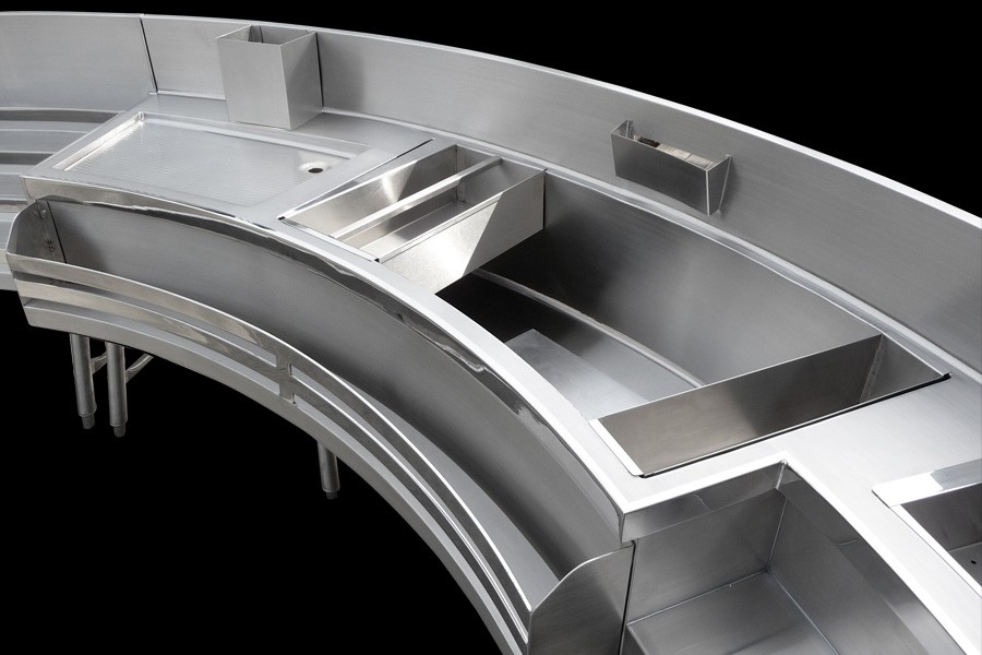 image of custom stainless steel back bar equipment in curved shape