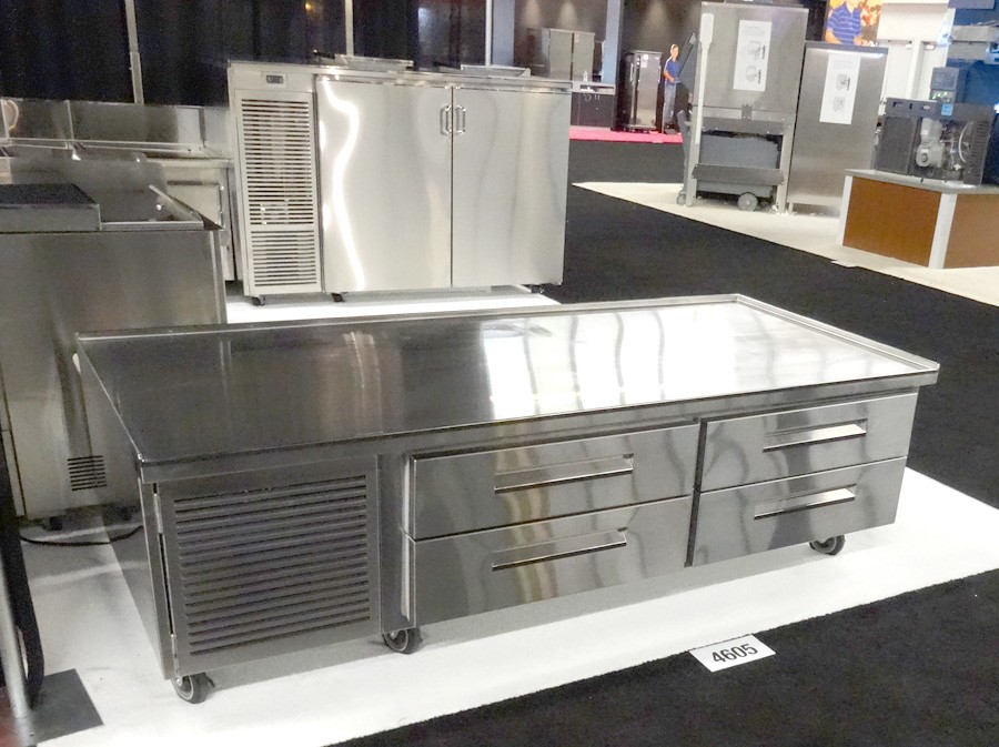 image of infinity trade show booth with low height with drawers refrigerator and backbar with doors