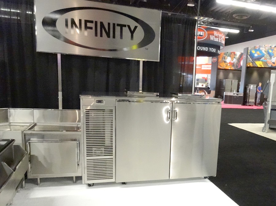 image of infinity trade show booth showing counter high refrigerator and backbar with doors