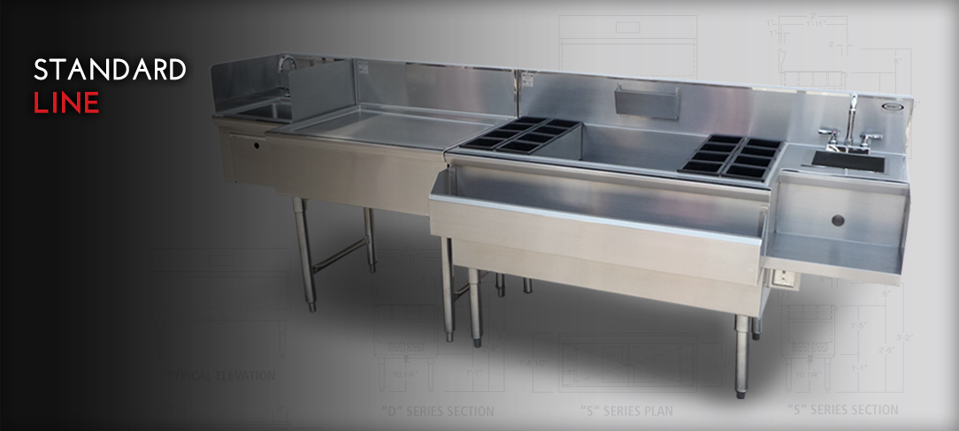 infinity stainless standard line of equipment slide showing hand sink on left, cabinet drainboard, ice chest and another hand sink on right