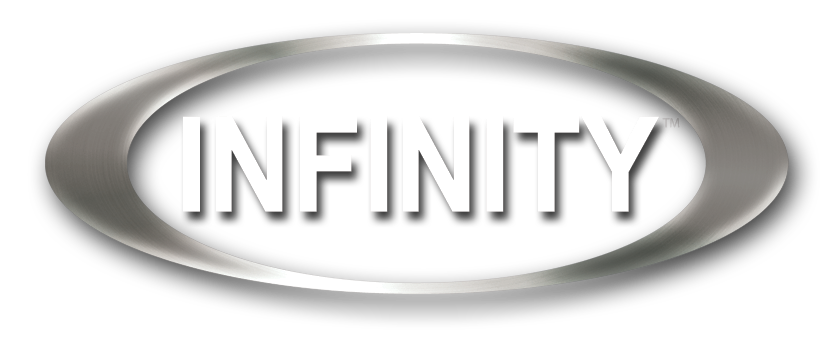infinity stainless logo with transparent background word infinity in center 3D oval in stainless steel around it