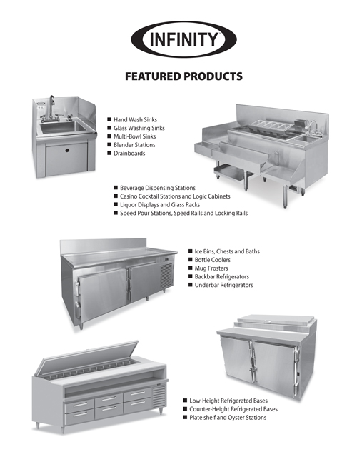 featured products flyer image showing hand sink, speed pour equipment, underbar refrigerator, 30 inch counter high refrigerator, underbar refrigerator with list of features for each