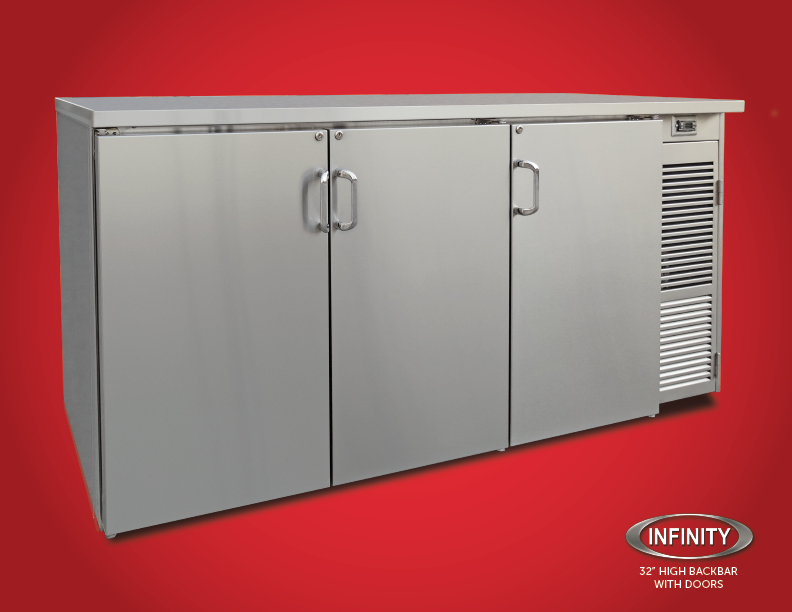 32 inch high backbar refrigerator with doors on red background