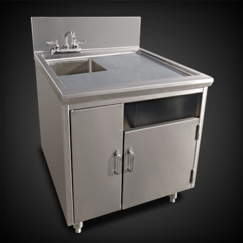 image of soiled glass washing station equipment showing two doors on front and a single small sink on top left corner